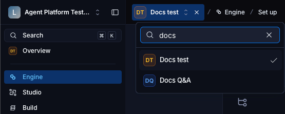 The agent switcher open, with a search box above a list of agents and a check mark beside the selected one.