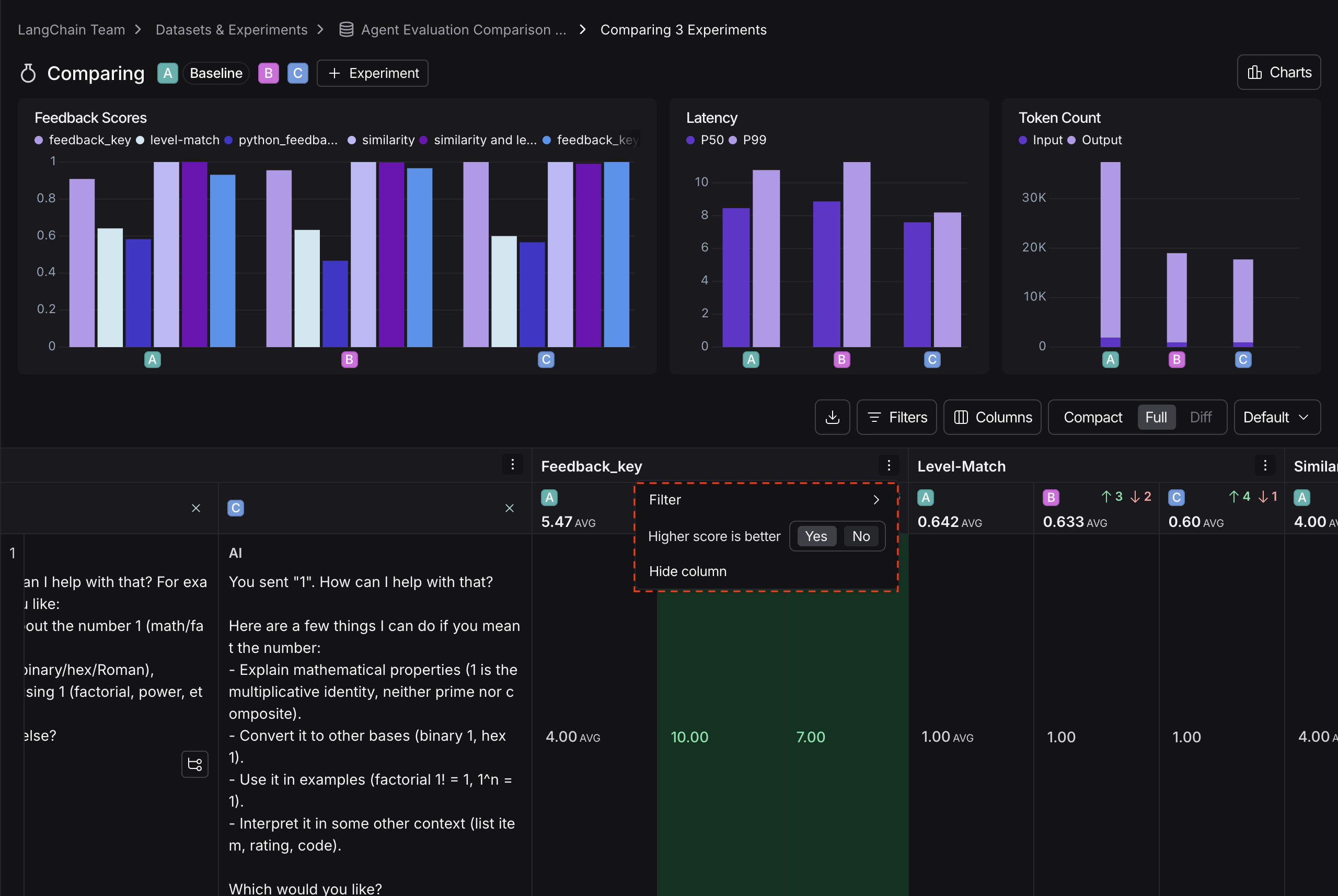 Dropdown for feedback metric column, configuring whether a higher score is better, in dark mode.