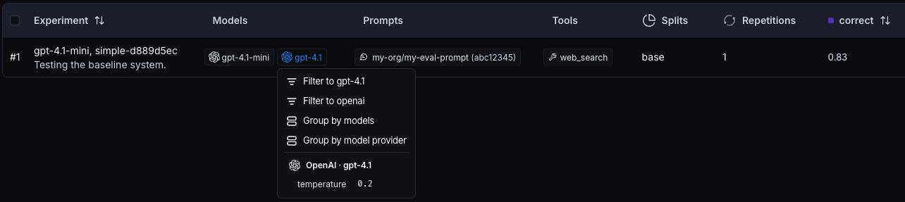 The Experiments tab view with metadata columns for models, prompts, and tools.