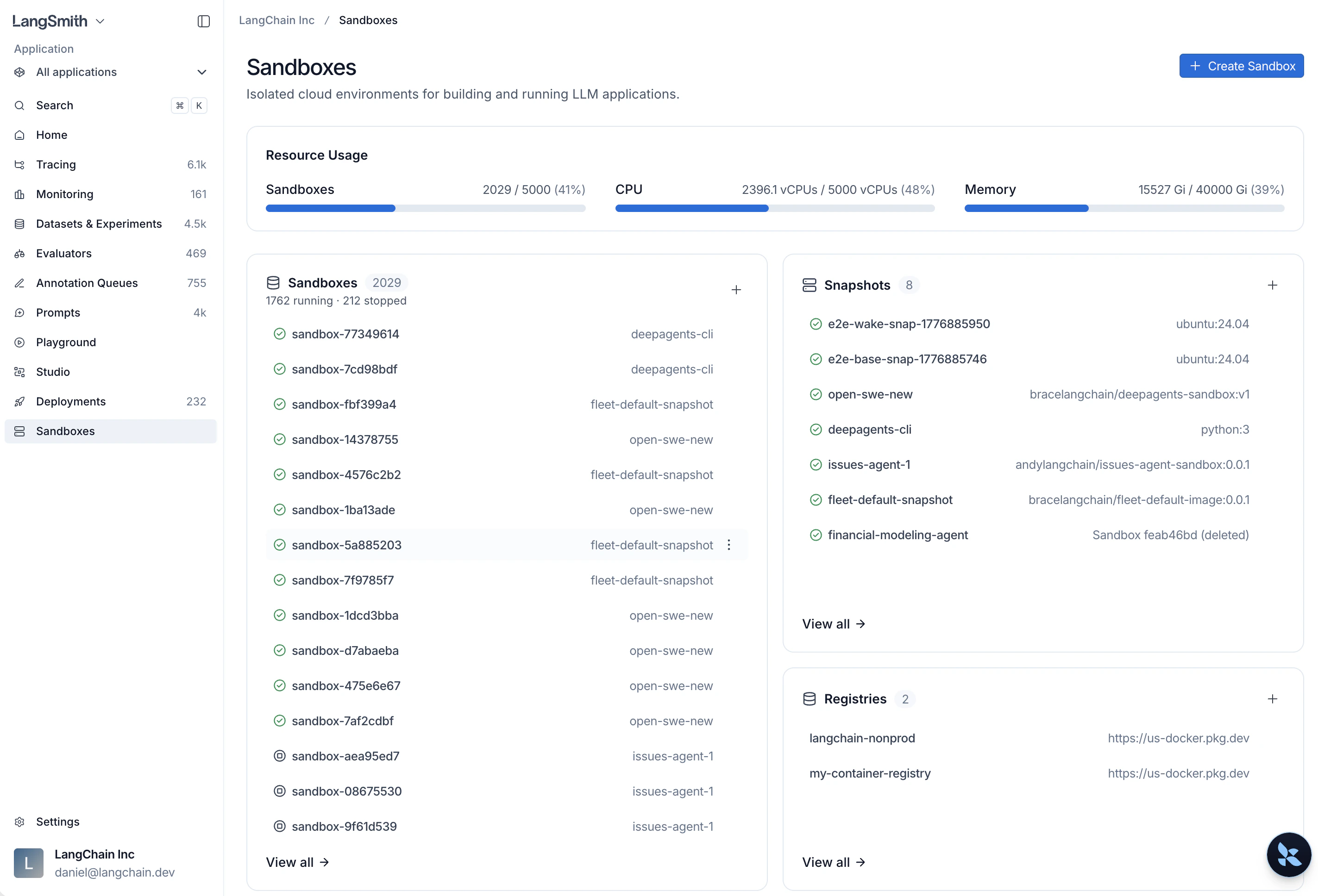 Sandboxes overview page