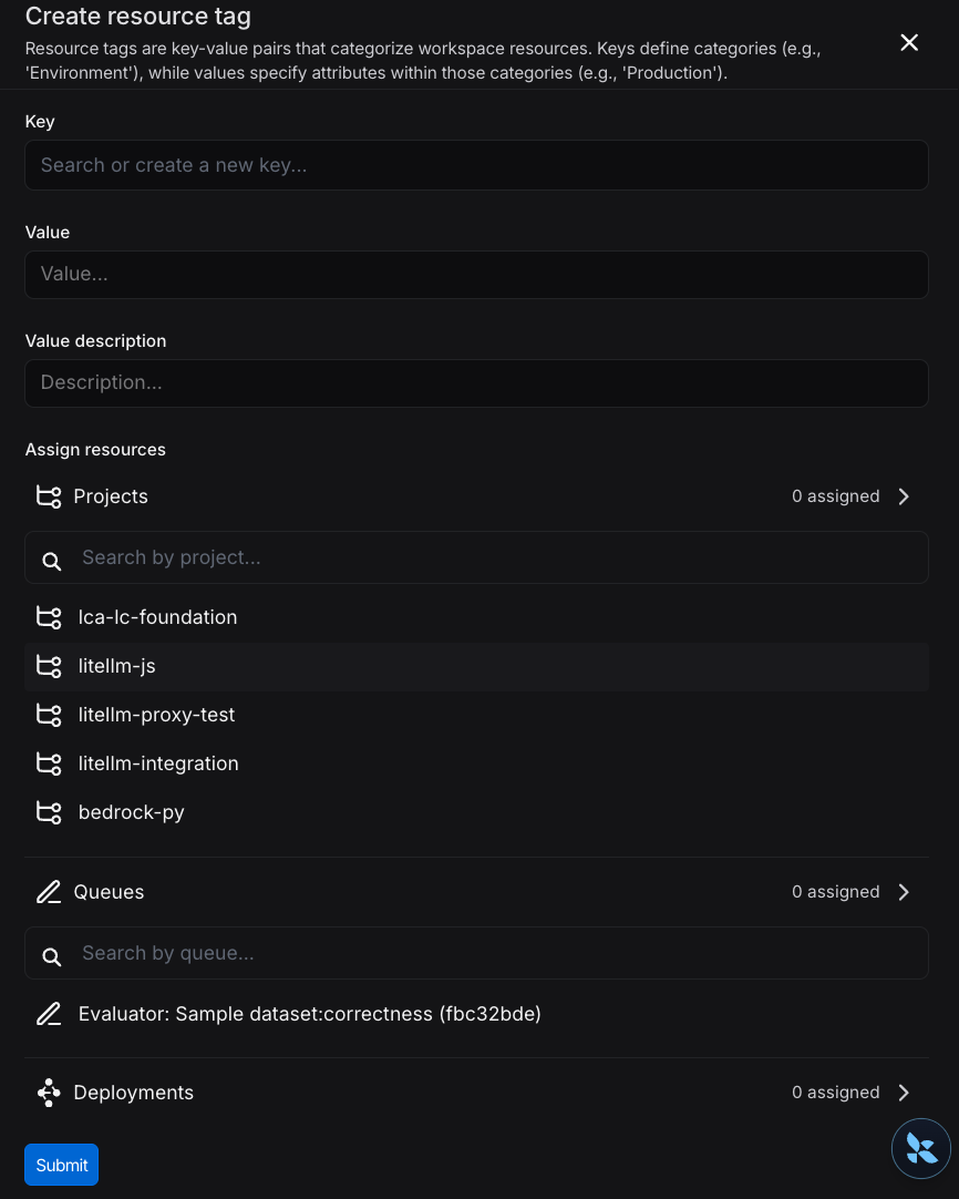 Create resource tag modal accessed from the Settings menu in the LangSmith UI.