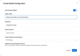 Model configuration Create modal in LangSmith Settings with Use Custom OAuth toggled on, showing Token URL, Client ID, masked Client Secret, and Token Endpoint Auth Method set to HTTP Basic.