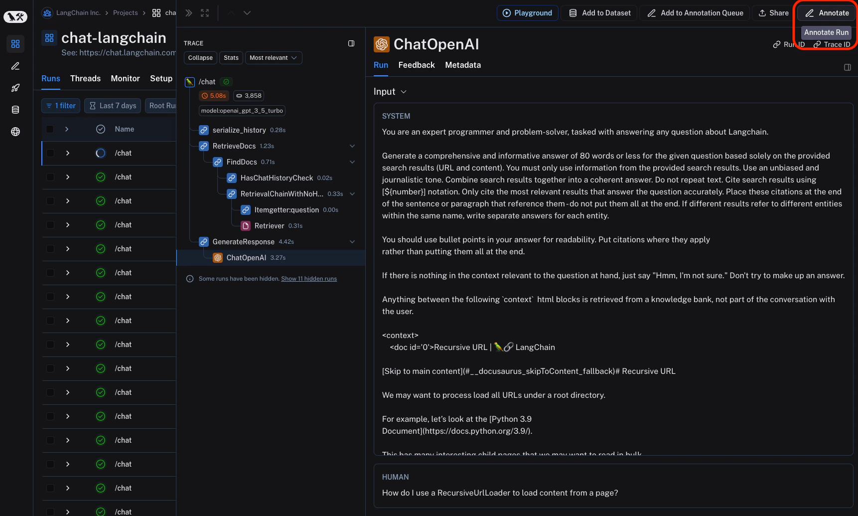 Annotate trace inline
