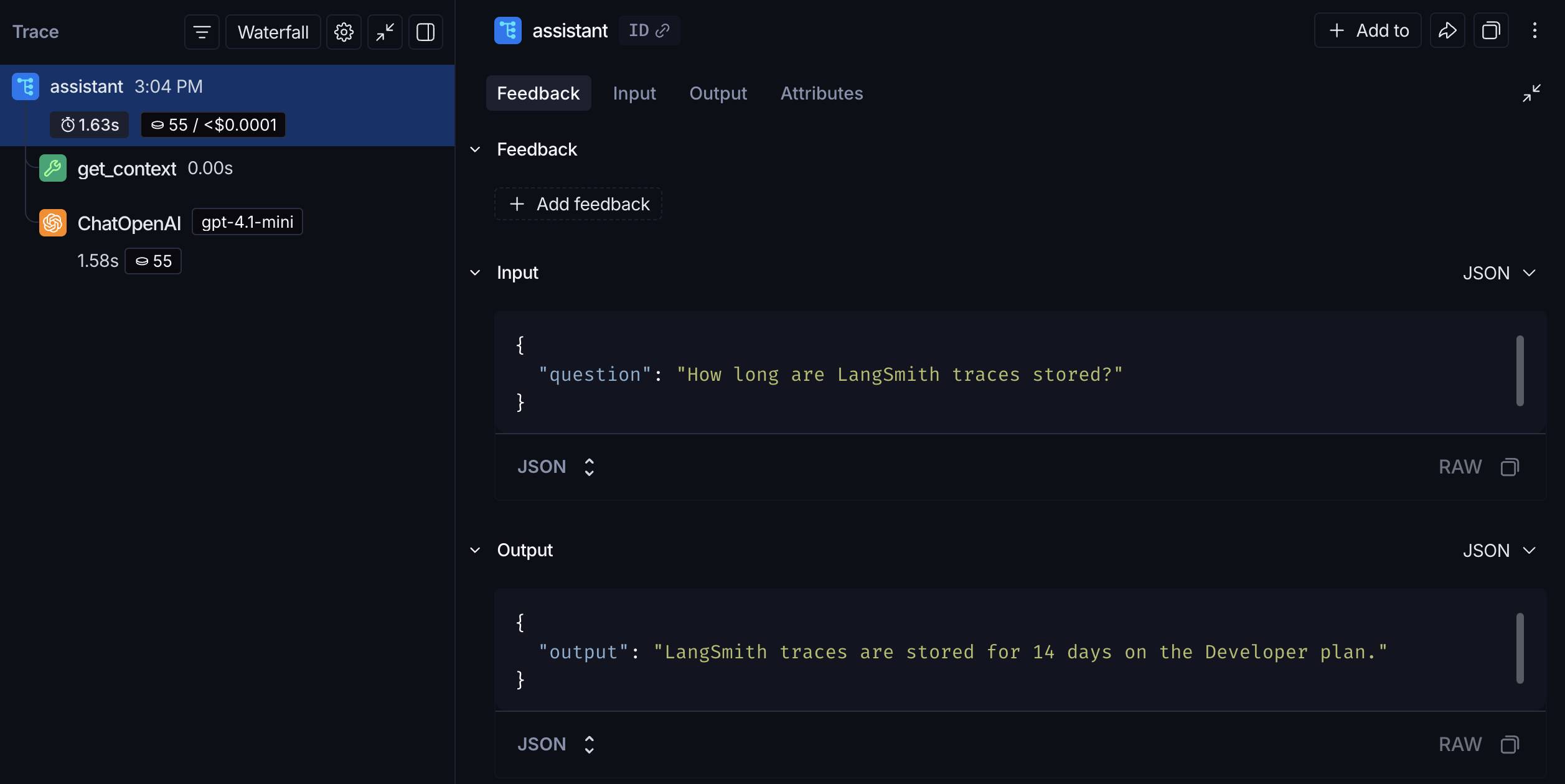 LangSmith UI showing a trace with an outer application span and a nested LLM call span.