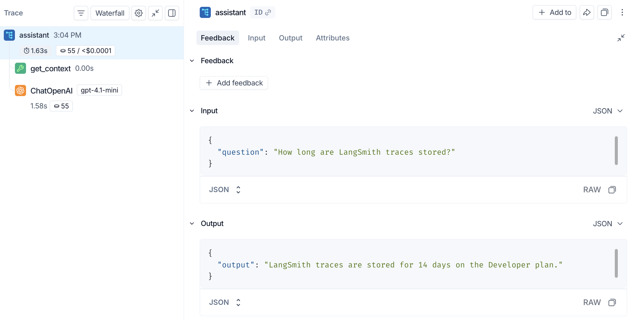 LangSmith UI showing a trace with an outer application span and a nested LLM call span.