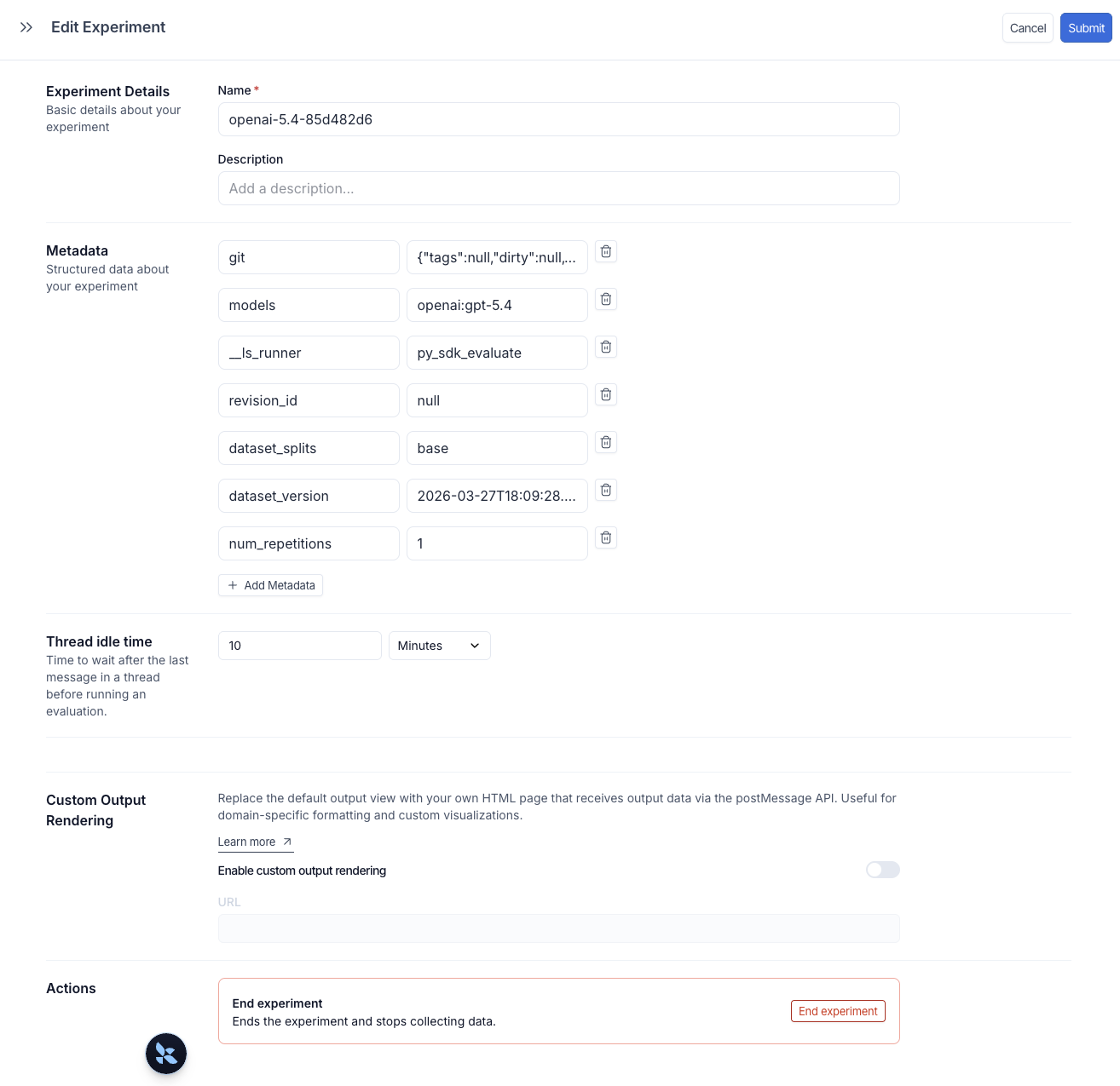 Edit Experiment panel showing metadata key-value pairs and the Add Metadata button.