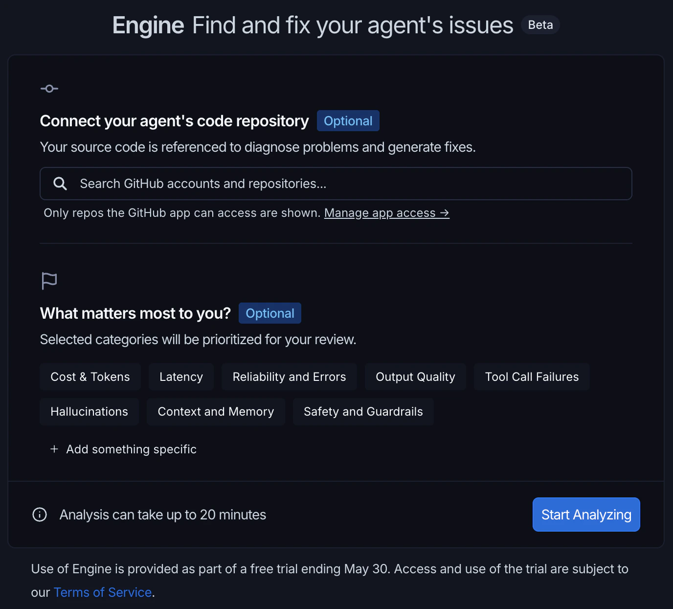 Setup dialog showing the code repository field and category selections for prioritizing issue types