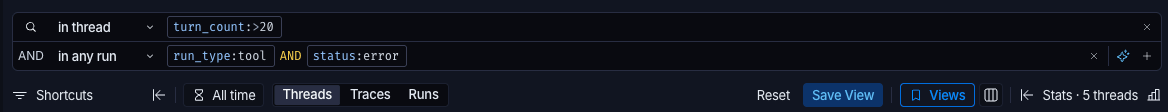 Two filter rows in the search bar. The first is scoped to 'in thread' with a turn_count greater than 20 clause. The second, labeled AND, is scoped to 'in any run' with run_type tool AND status error, and ends with the Add AI search and Add filter scope icons. Below the bar, the Threads selection is active