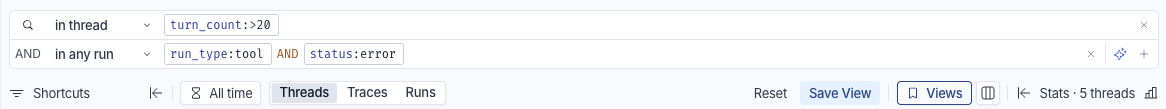 Two filter rows in the search bar. The first is scoped to 'in thread' with a turn_count greater than 20 clause. The second, labeled AND, is scoped to 'in any run' with run_type tool AND status error, and ends with the Add AI search and Add filter scope icons. Below the bar, the Threads selection is active