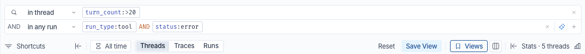 Two filter rows in the search bar. The first is scoped to 'in thread' with a turn_count greater than 20 clause. The second, labeled AND, is scoped to 'in any run' with run_type tool AND status error, and ends with the Add AI search and Add filter scope icons. Below the bar, the Threads selection is active