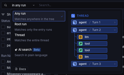 The scope dropdown open on the Threads selection, offering Any run, Root run, and Thread with a one-line description of each, then AI search, marked Beta and described as Search in plain language. Beside the options is a preview of a sample thread showing three agent turns with the LLM and tool runs nested inside the second turn