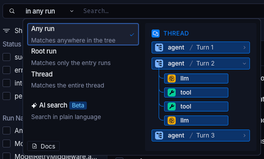 The scope dropdown open on the Threads selection, offering Any run, Root run, and Thread with a one-line description of each, then AI search, marked Beta and described as Search in plain language. Beside the options is a preview of a sample thread showing three agent turns with the LLM and tool runs nested inside the second turn