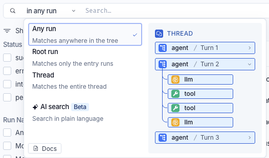 The scope dropdown open on the Threads selection, offering Any run, Root run, and Thread with a one-line description of each, then AI search, marked Beta and described as Search in plain language. Beside the options is a preview of a sample thread showing three agent turns with the LLM and tool runs nested inside the second turn