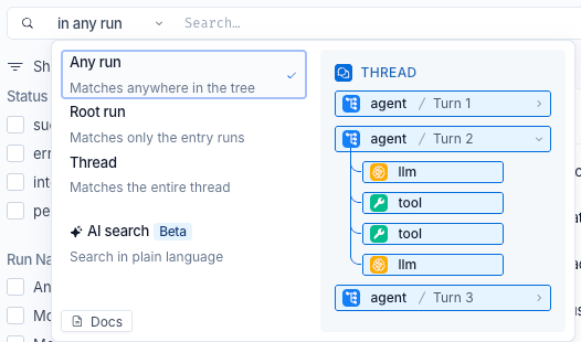 The scope dropdown open on the Threads selection, offering Any run, Root run, and Thread with a one-line description of each, then AI search, marked Beta and described as Search in plain language. Beside the options is a preview of a sample thread showing three agent turns with the LLM and tool runs nested inside the second turn