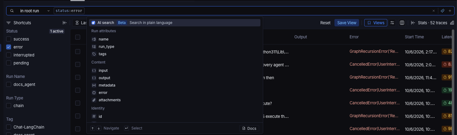 The search bar of a tracing project, with the scope selector reading 'in root run' and a status:error clause. The suggestion list below it is open, with AI search, marked Beta and described as Search in plain language, highlighted at the top, followed by fields grouped under Run attributes, Content, and Identity. Navigate, Select, and Docs hints run along the bottom of the list