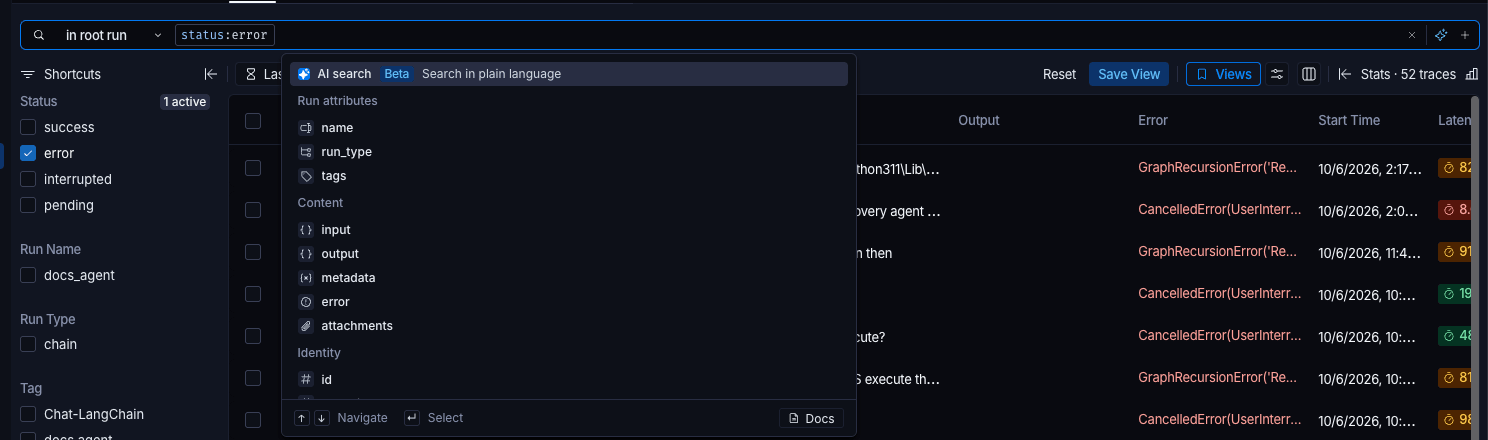 The search bar of a tracing project, with the scope selector reading 'in root run' and a status:error clause. The suggestion list below it is open, with AI search, marked Beta and described as Search in plain language, highlighted at the top, followed by fields grouped under Run attributes, Content, and Identity. Navigate, Select, and Docs hints run along the bottom of the list