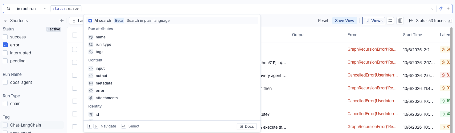 The search bar of a tracing project, with the scope selector reading 'in root run' and a status:error clause. The suggestion list below it is open, with AI search, marked Beta and described as Search in plain language, highlighted at the top, followed by fields grouped under Run attributes, Content, and Identity. Navigate, Select, and Docs hints run along the bottom of the list
