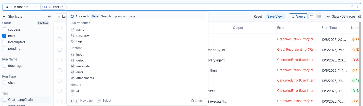 The search bar of a tracing project, with the scope selector reading 'in root run' and a status:error clause. The suggestion list below it is open, with AI search, marked Beta and described as Search in plain language, highlighted at the top, followed by fields grouped under Run attributes, Content, and Identity. Navigate, Select, and Docs hints run along the bottom of the list