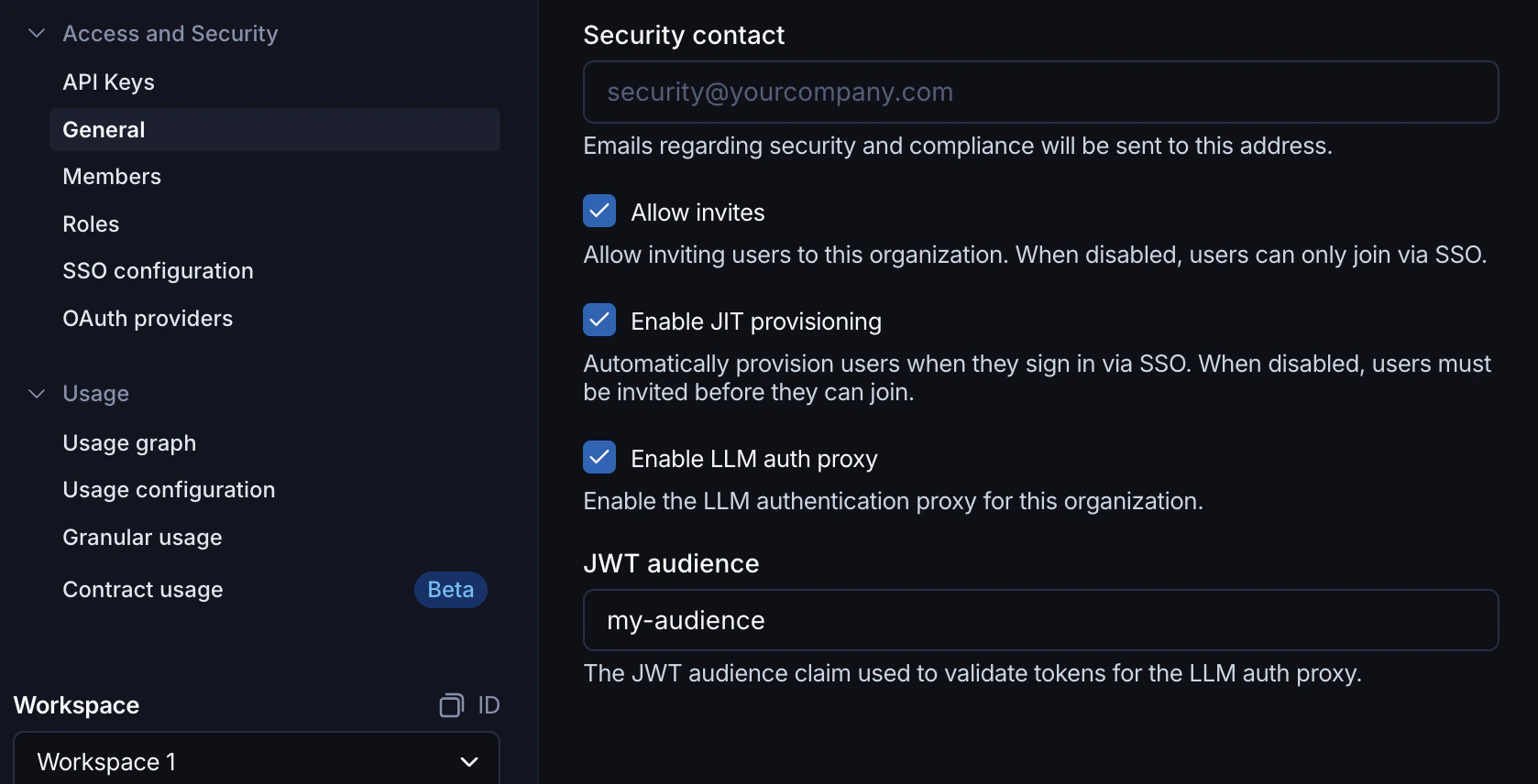Organization Settings page in LangSmith showing the Enable LLM auth proxy checkbox and JWT audience field.