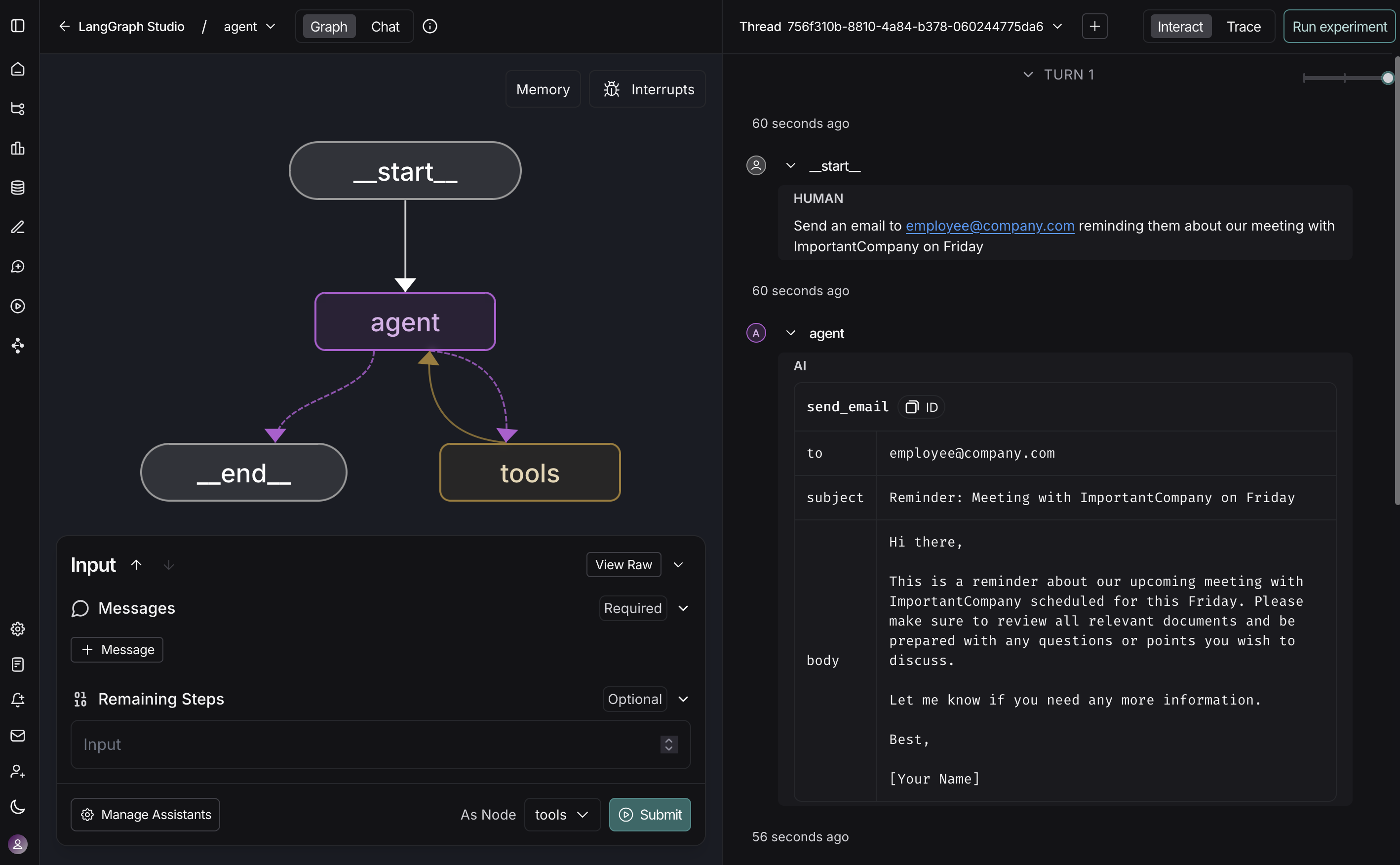 Agent view in LangGraph studio UI