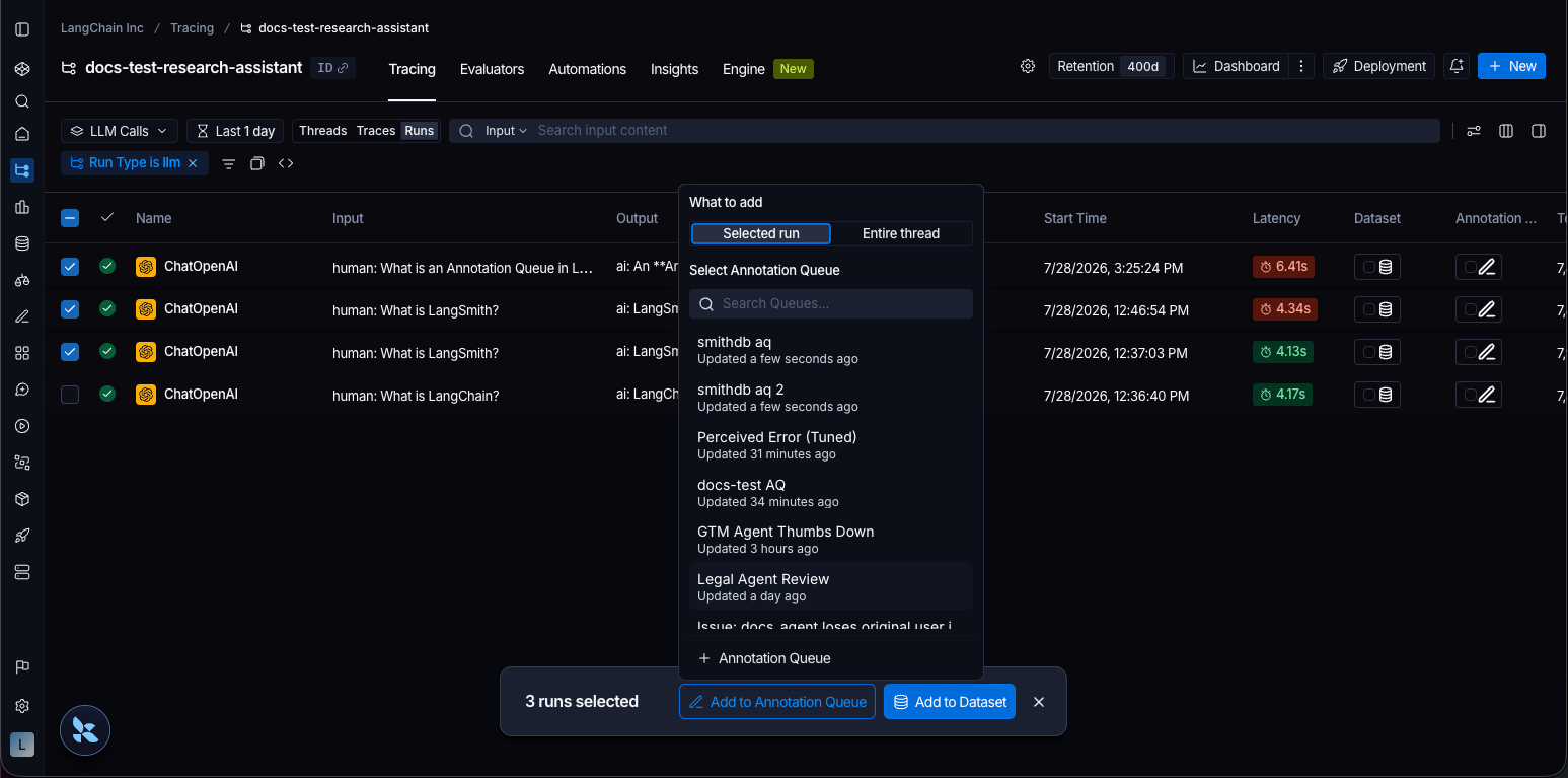 View of the runs table with runs selected. Add to Annotation Queue button at the bottom of the page.