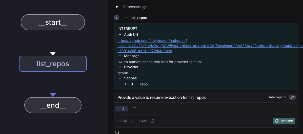 LangGraph Studio interrupt showing OAuth URL
