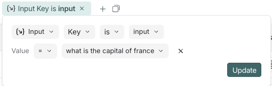 LangSmith filter showing input key-value search for 'input' key with value 'What is the capital of France?'