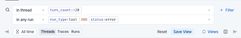 Two filter rows in the search bar. The first is scoped to 'in thread' with a turn_count greater than 20 clause, and the second is scoped to 'in any run' with run_type tool AND status error
