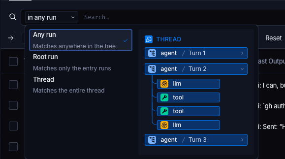The scope dropdown open on the Threads selection, offering Any run, Root run, and Thread with a one-line description of each, beside a preview of a sample thread showing three agent turns with the LLM and tool runs nested inside the second turn