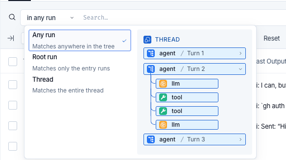 The scope dropdown open on the Threads selection, offering Any run, Root run, and Thread with a one-line description of each, beside a preview of a sample thread showing three agent turns with the LLM and tool runs nested inside the second turn