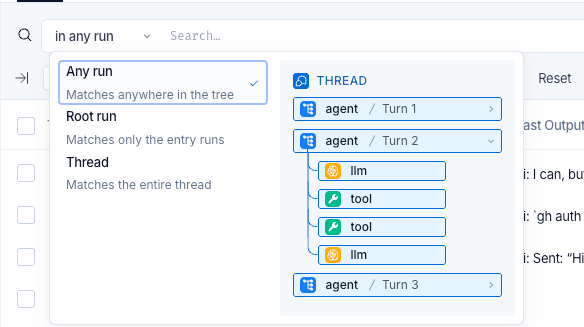 The scope dropdown open on the Threads selection, offering Any run, Root run, and Thread with a one-line description of each, beside a preview of a sample thread showing three agent turns with the LLM and tool runs nested inside the second turn