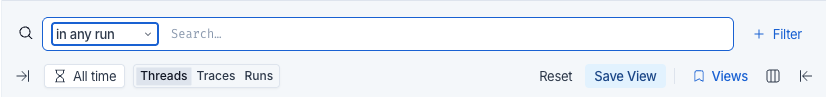 The filter toolbar of a tracing project, with a scope selector reading 'in any run' beside an empty search field, a Filter button on the right, and a second row holding the time range control, the Threads, Traces, and Runs selection, Reset, Save View, and Views