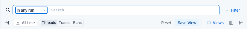 The filter toolbar of a tracing project, with a scope selector reading 'in any run' beside an empty search field, a Filter button on the right, and a second row holding the time range control, the Threads, Traces, and Runs selection, Reset, Save View, and Views