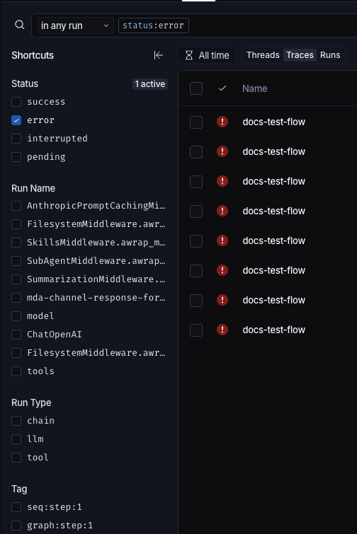 The Shortcuts panel to the left of the runs table, with Status, Run Name, Run Type, and Tag groups. The error value is checked, the Status group header reads '1 active', and the search bar above holds the matching status:error clause