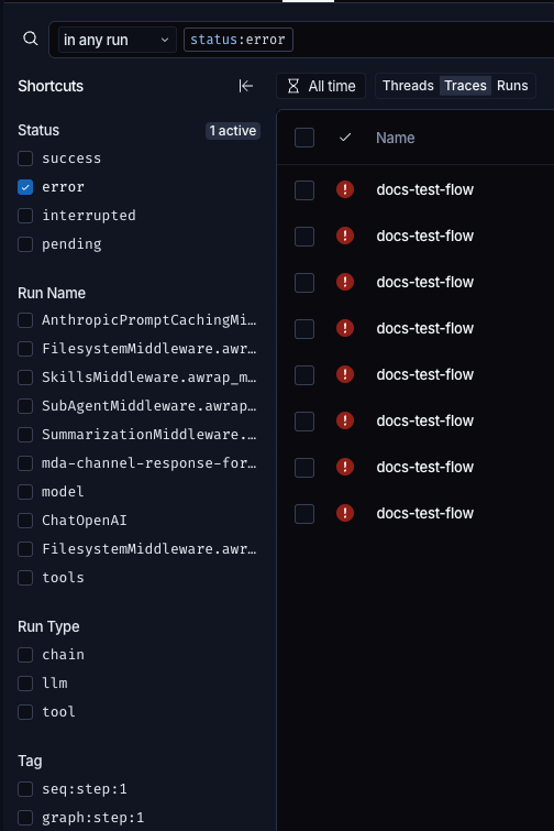 The Shortcuts panel to the left of the runs table, with Status, Run Name, Run Type, and Tag groups. The error value is checked, the Status group header reads '1 active', and the search bar above holds the matching status:error clause