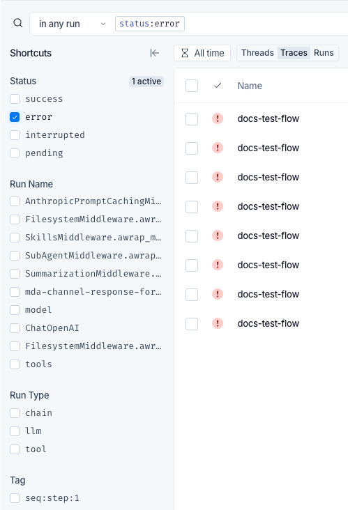 The Shortcuts panel to the left of the runs table, with Status, Run Name, Run Type, and Tag groups. The error value is checked, the Status group header reads '1 active', and the search bar above holds the matching status:error clause