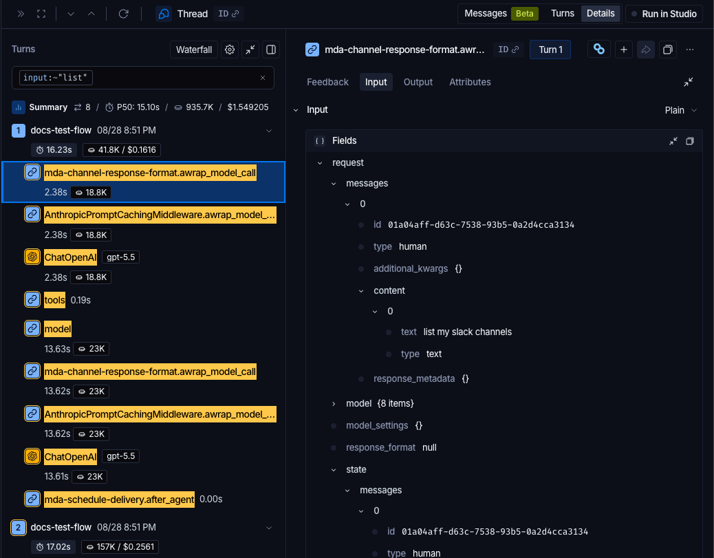 The Details view of a thread. The Turns pane on the left holds a filter reading input contains list, and the runs matching it are highlighted within the surrounding trace tree, which stays fully visible. The selected run is shown on the right