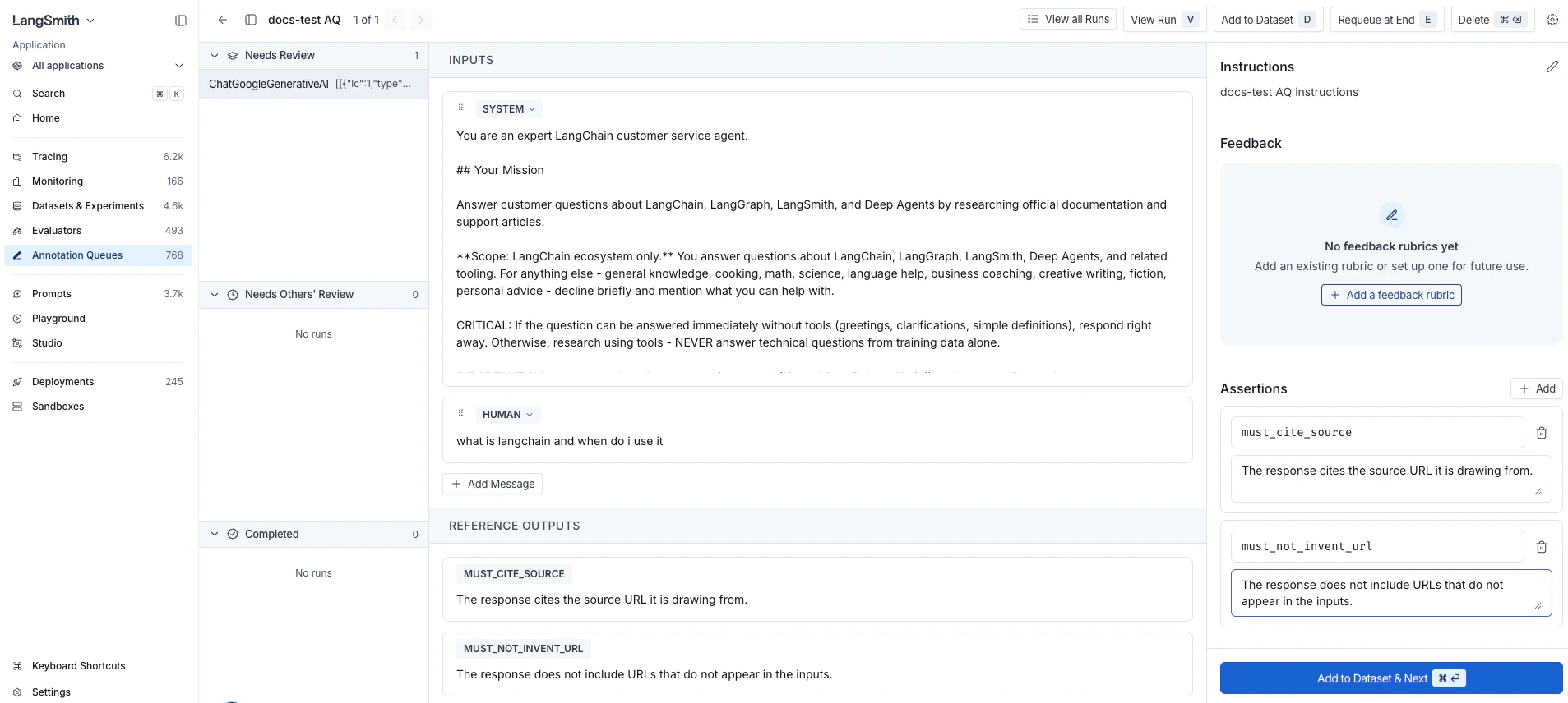 Annotation queue run editor with assertions added in the side panel and the Outputs panel showing a read-only preview of those assertions.