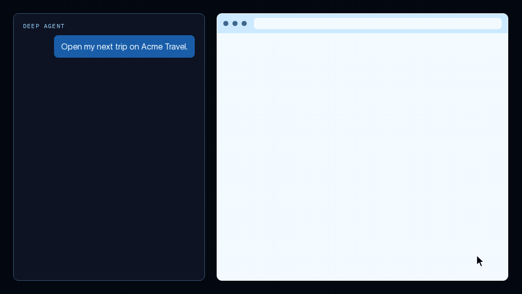 Animated demo of an agent handing a travel website to a person for login and continuing after control is returned