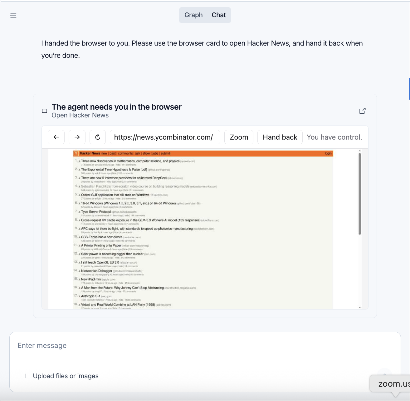 Studio chat showing The agent needs you in the browser, an embedded Hacker News page, and the Hand back control