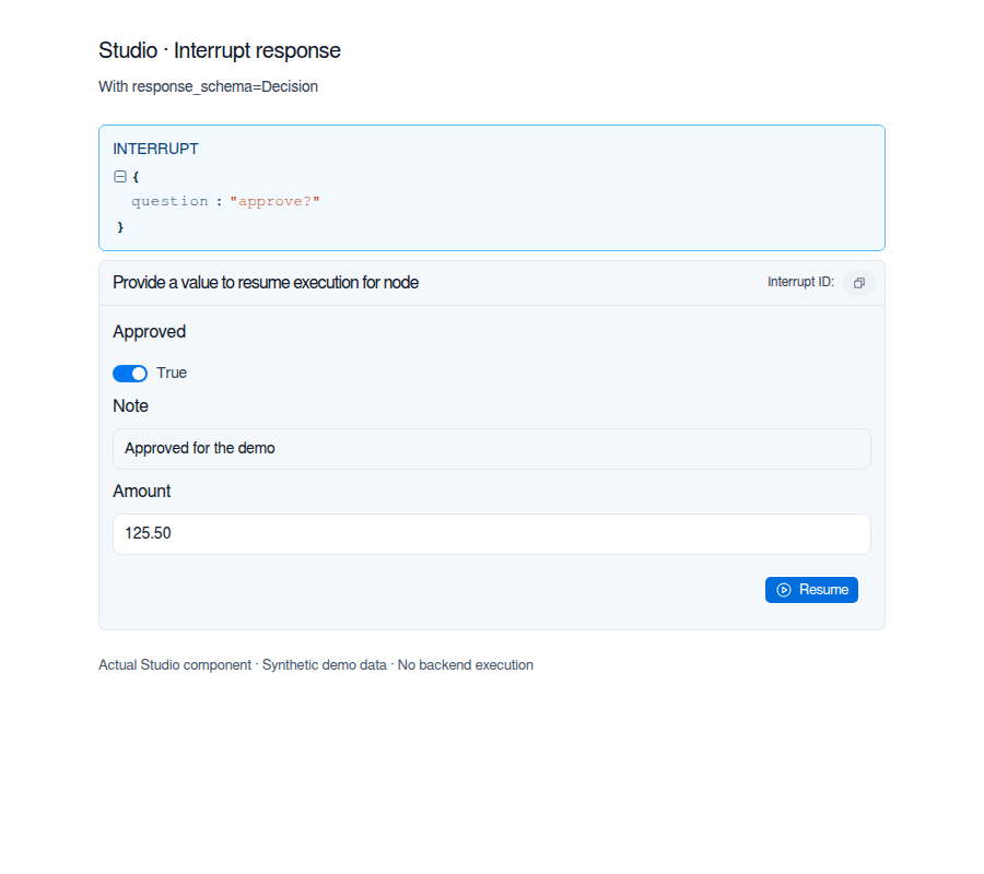 Studio interrupt form with an approval toggle, a note field, and a numeric amount set to 125.50