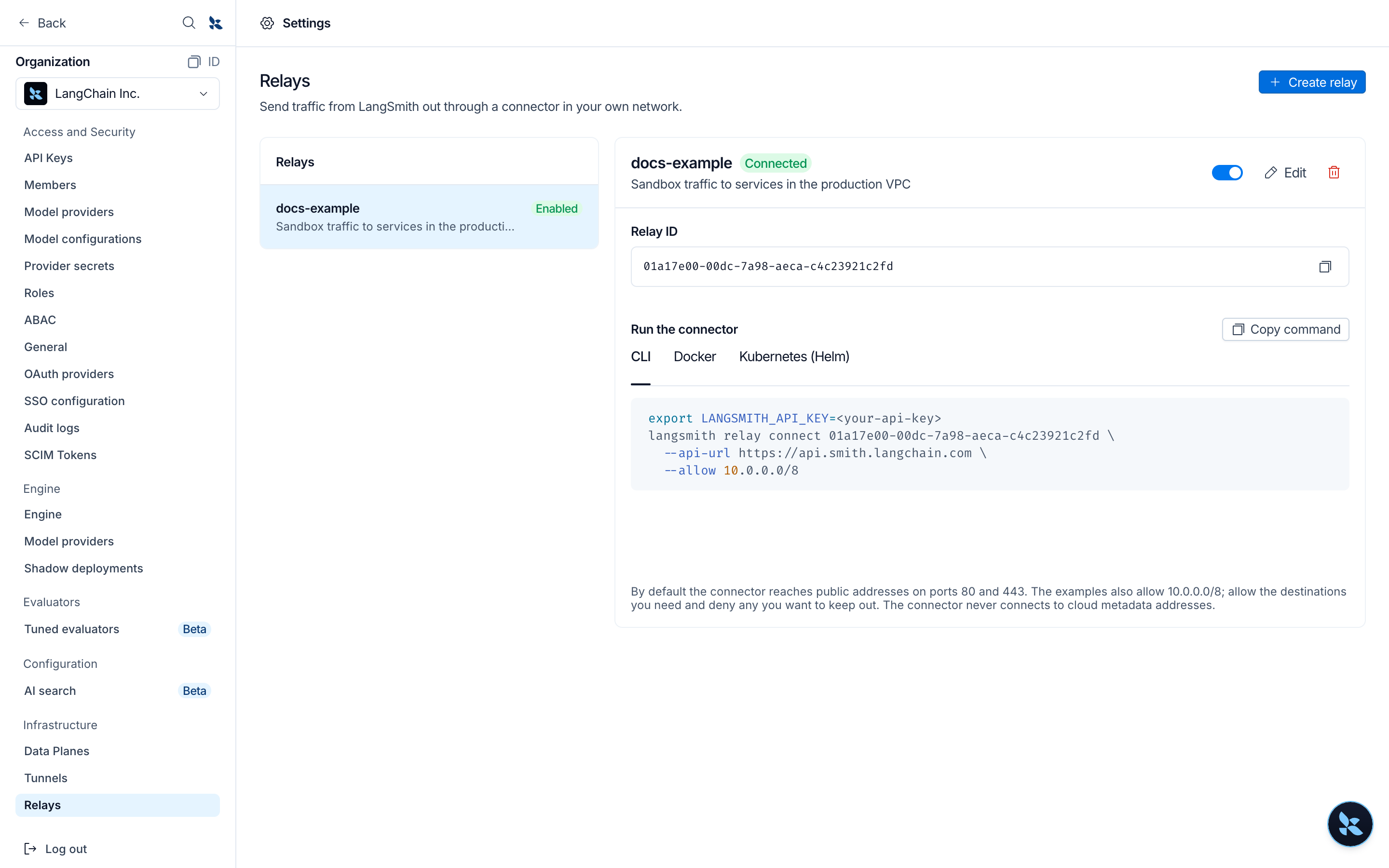 Relay details showing Connected, the relay ID, and the CLI command to run the connector