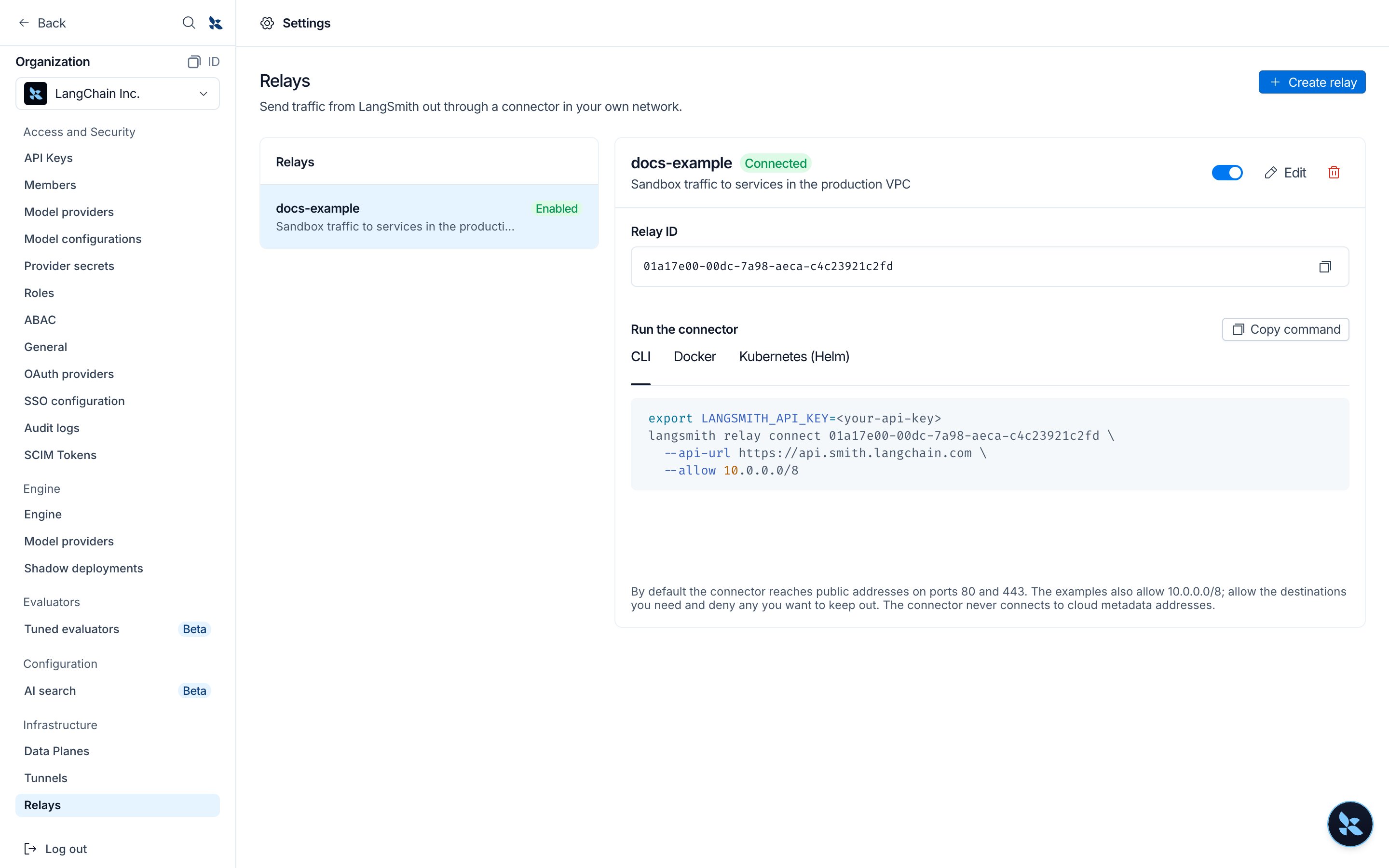 Relay details showing Connected, the relay ID, and the CLI command to run the connector