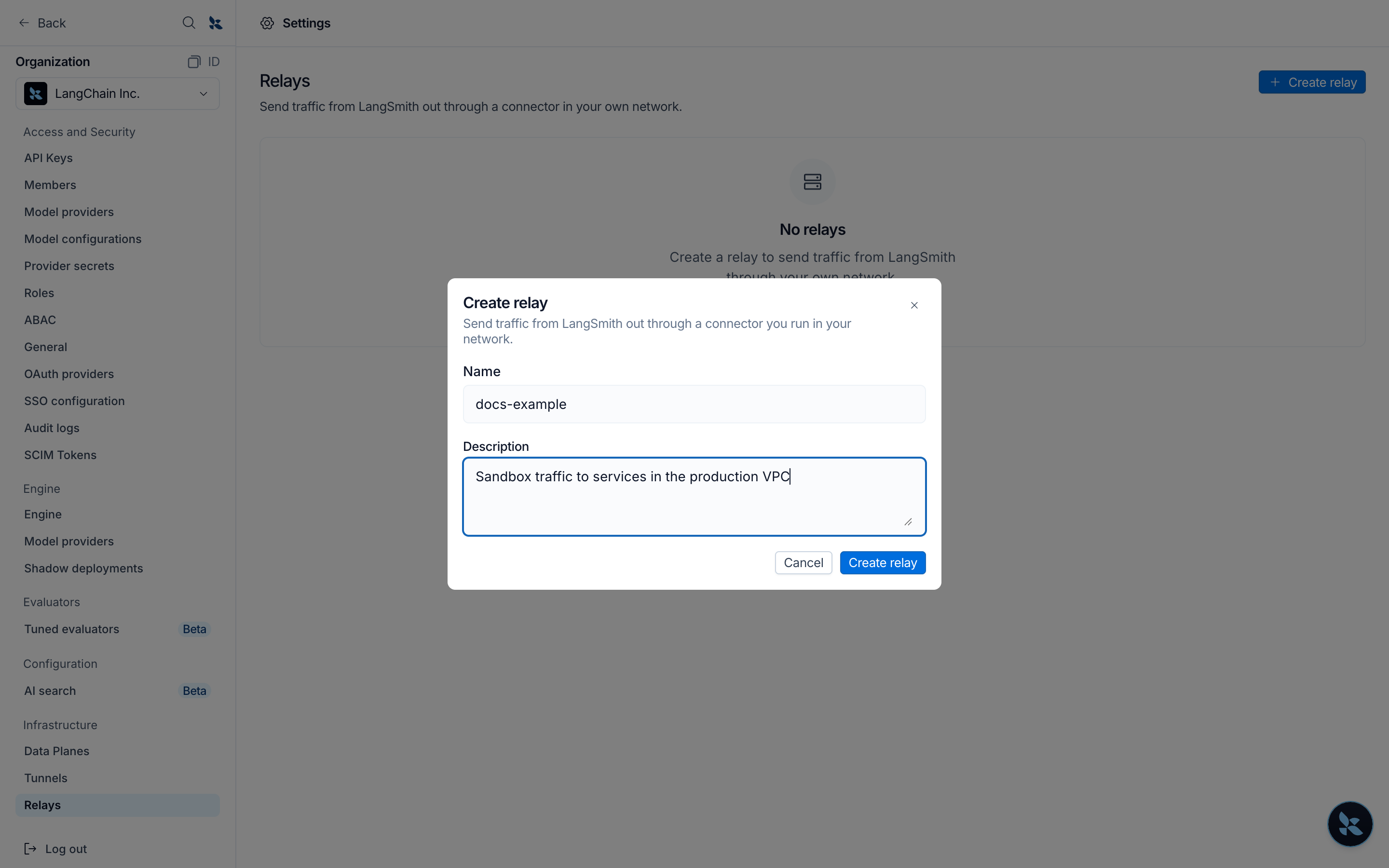 Create relay dialog with a name and a description filled in