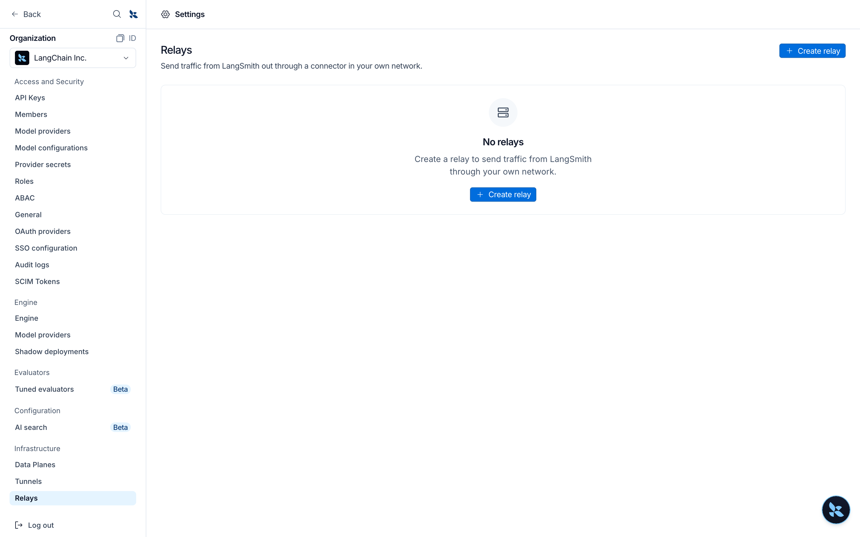 Relays settings page with no relays and a Create relay button