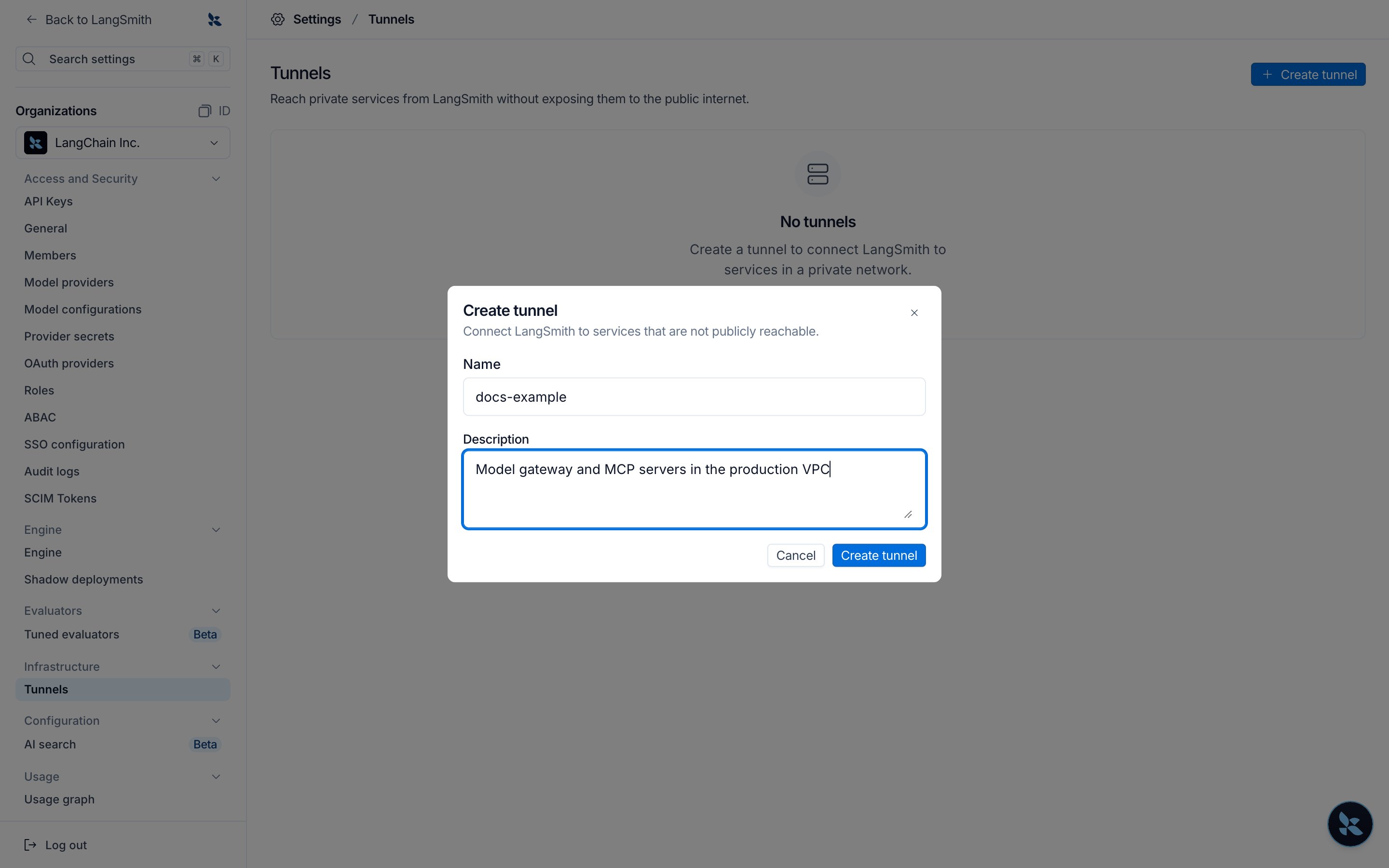 Create tunnel dialog with a name and a description filled in