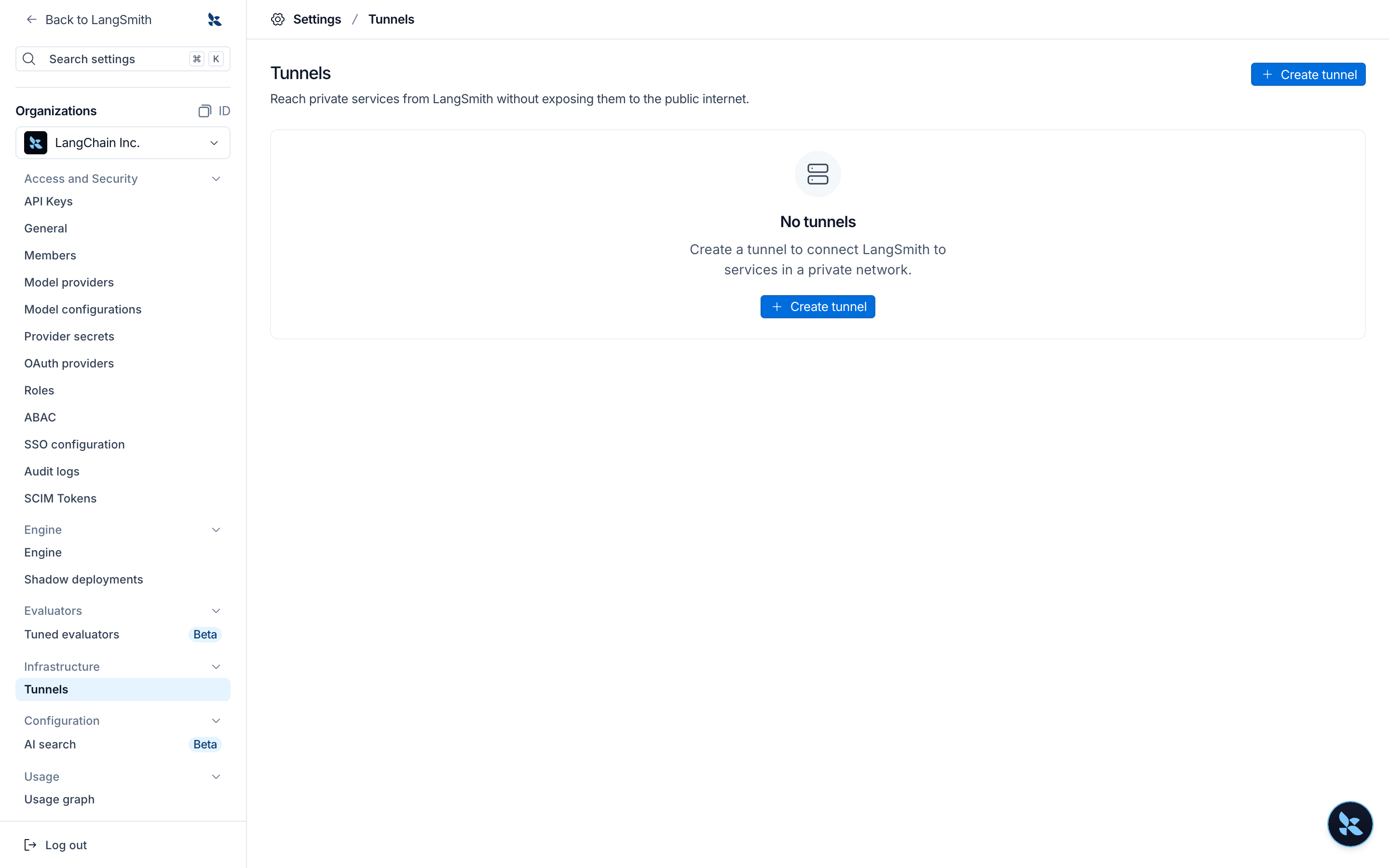 Tunnels settings page with no tunnels and a Create tunnel button