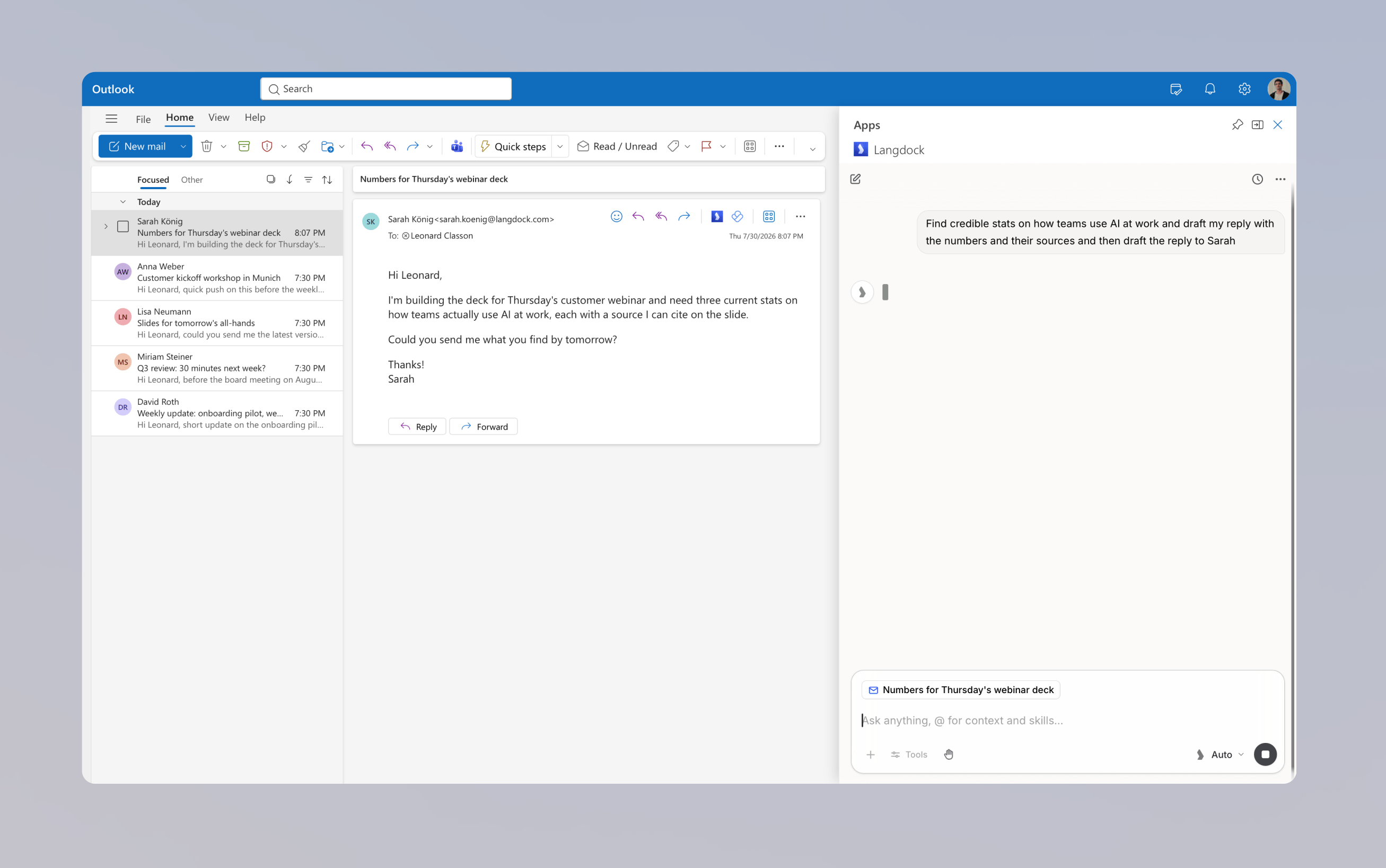 Langdock pane in Outlook running a web search for the requested statistics