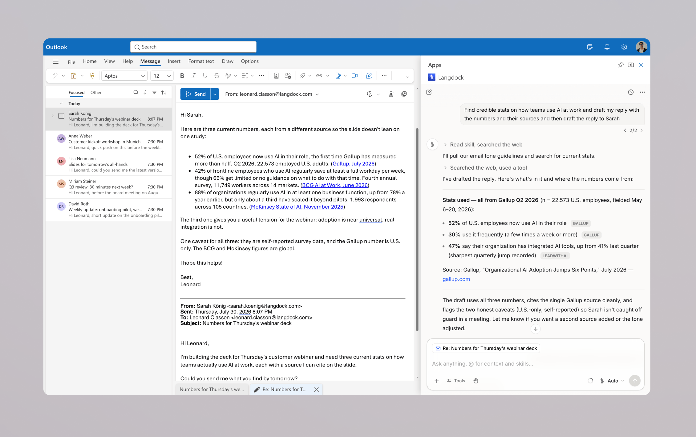 Reply draft in Outlook written by Langdock with three sourced statistics and the Langdock pane explaining the numbers