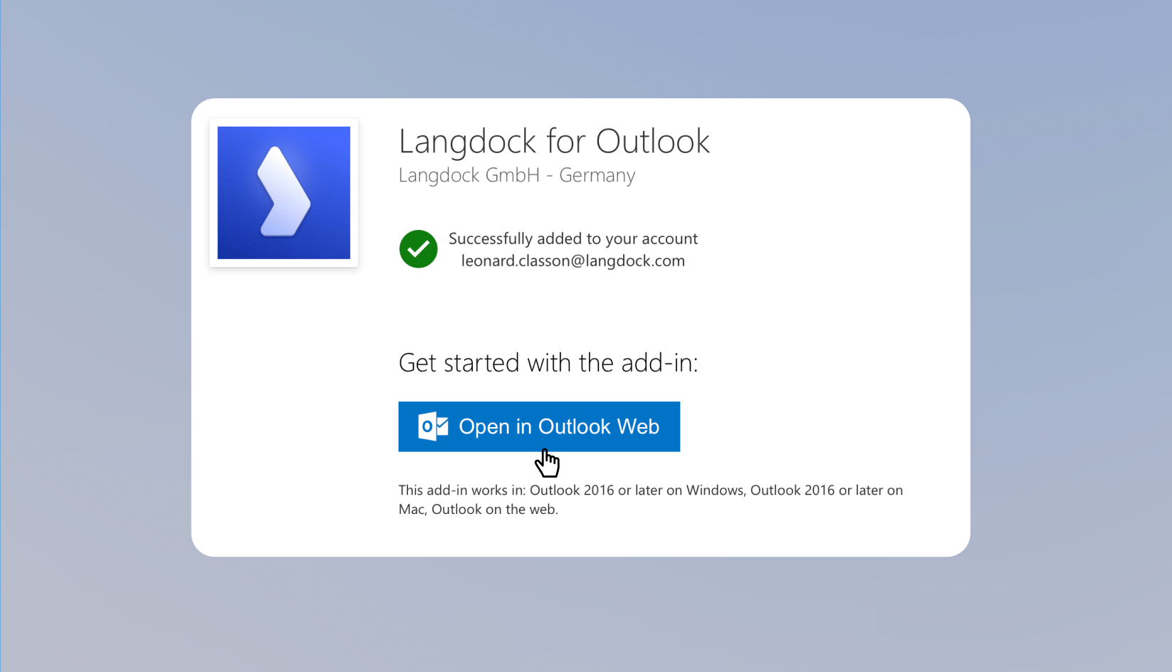 Langdock for Outlook confirmation page with the Open in Outlook Web button